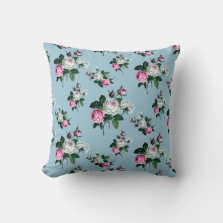 Vintage Floral Shabby Chic, Pink White Roses, Blue Cushion