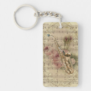 Vintage Floral Sheet Music Saxophone Key Ring