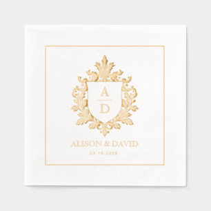 Vintage floral shield crest monogram  wedding gold foil napkins