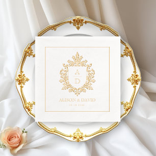 Vintage floral shield crest monogram  wedding gold foil napkins