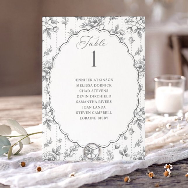 Vintage Floral Silver Grey Wedding Seating Chart (Silver gray French floral wedding seating chart card with oval scalloped frame.)