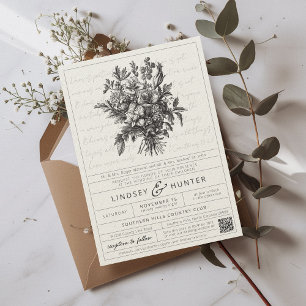 Vintage Floral Simple Christian QR Code Wedding Invitation