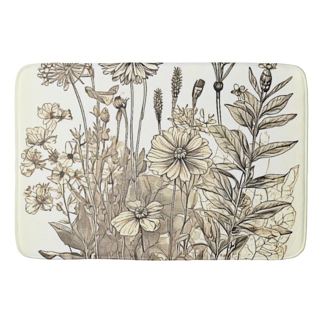 Vintage Floral Sketch Design Bath Mat (Front)