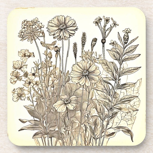 Vintage Floral Sketch Design Coaster (Front)