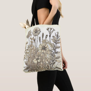 Vintage Floral Sketch Design Tote Bag