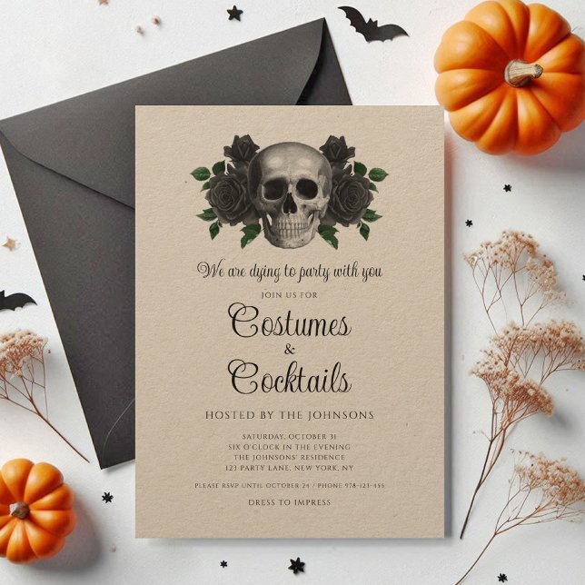 Vintage Floral Skull Costumes & Cocktail Halloween Invitation (Vintage Floral Skull Costumes & Cocktail Halloween Invitation)