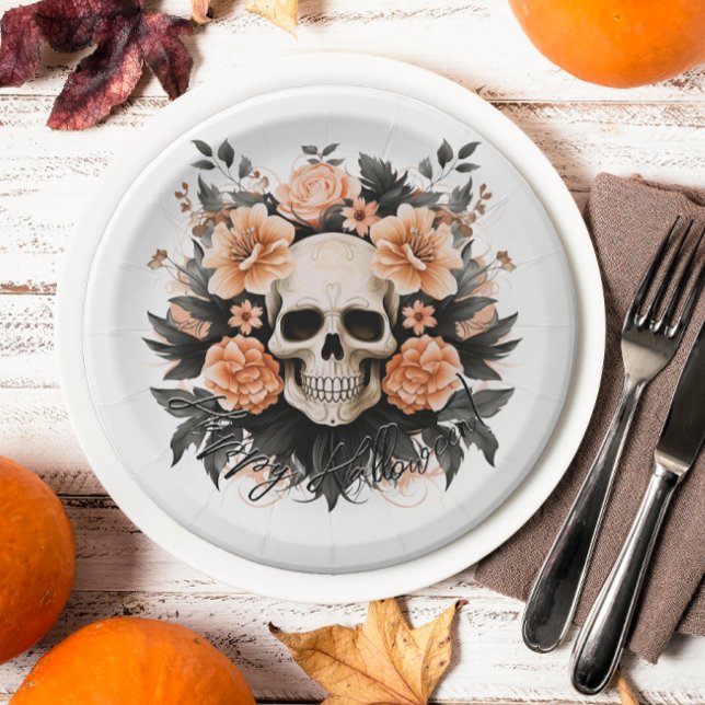Vintage Floral Skull Halloween Paper Plate (Spooky floral skull plates will add an elegant touch to your Halloween party.)