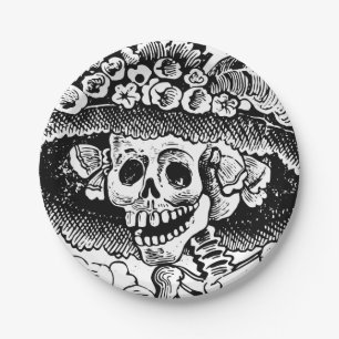 Vintage Floral Skull Halloween Paper Plate