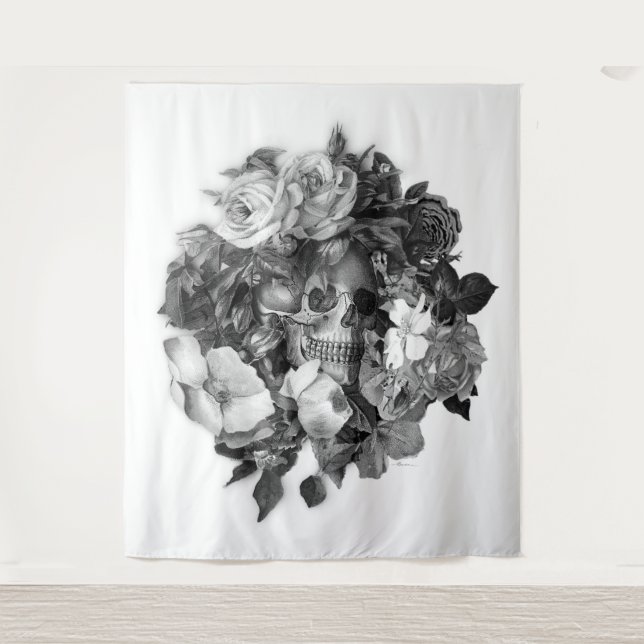 Vintage Floral Skull Wall Hanging Tapestry (Front)