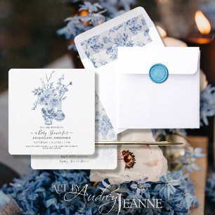 Vintage Floral Square Blue White Baby Girl Shower Invitation