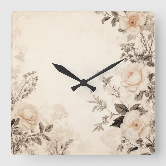 Vintage Floral Square Wall Clock (Front)