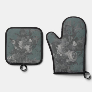 Vintage Floral Still Life Stylish Slate Green Oven Mitt & Pot Holder Set