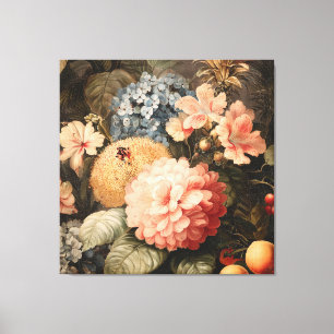 Vintage Floral Still Life with Red and White Bloom Canvas Print
