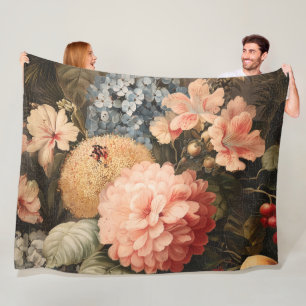 Vintage Floral Still Life with Red and White Bloom Fleece Blanket