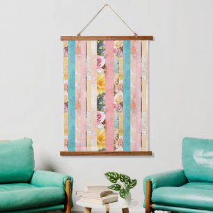 Vintage Floral Stripe Collage in Pastels Hanging Tapestry