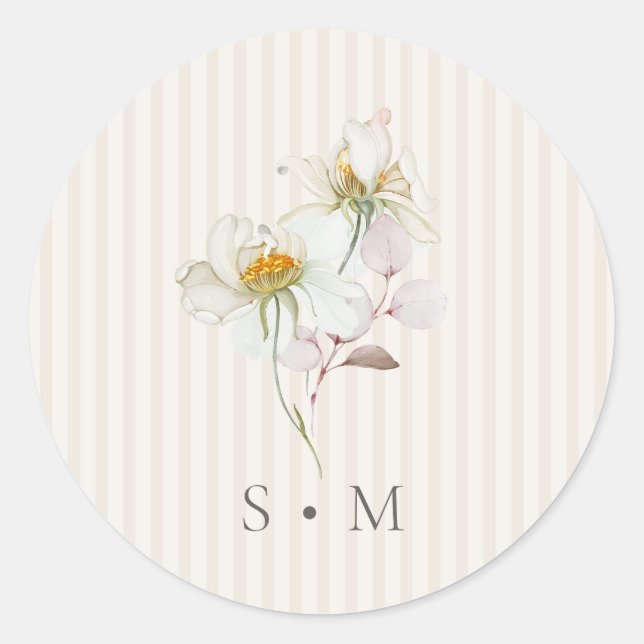 Vintage Floral Stripe Wedding Monogram Sticker (Front)
