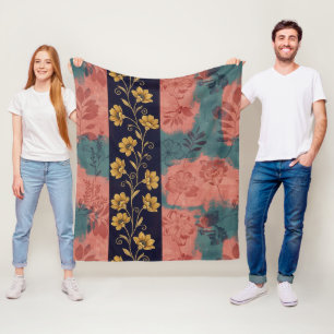 Vintage Floral Stripe with Golden Botanical Accent Fleece Blanket