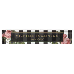 Vintage Floral Striped Desk Nameplate