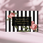 Vintage Floral Striped Salon Business Card<br><div class="desc">Your name or business name is elegantly displayed over a black and white striped background with a vintage floral illustration overlay for a very chic and stylish aesthetic. This design is part of a series of coordinating office supplies. Shop matching stationery, rack cards, labels and more in our shop: zazzle.com/1201am....</div>