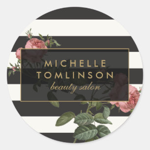 Vintage Floral Striped Salon II Black and Ivory Classic Round Sticker