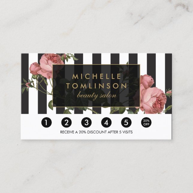 Vintage Floral Striped Salon Loyalty Card (Front)