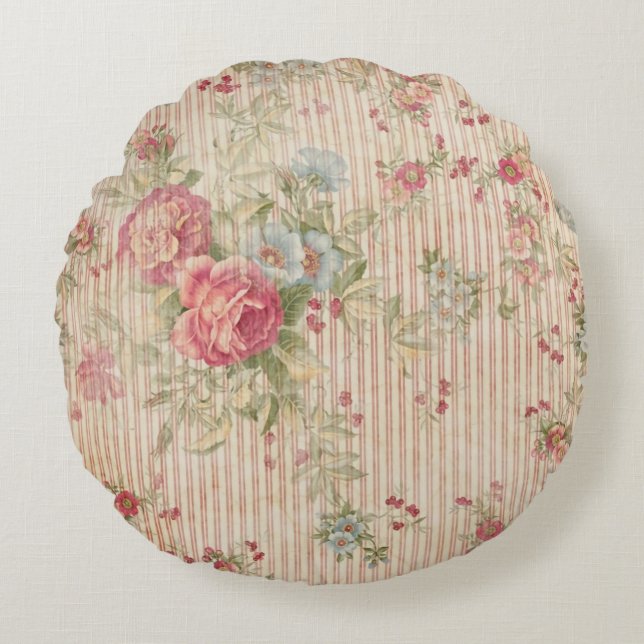 Vintage Floral & Stripes Round Cushion (Front)