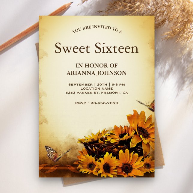 Vintage Floral Sunflower Sweet Sixteen Invitation (Creator Uploaded)