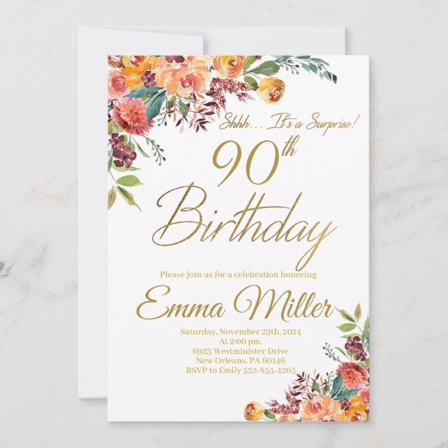 Vintage Floral Surprise 90th Birthday Party Invitation (Front)