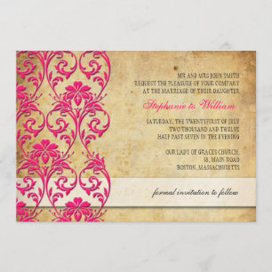 Vintage Floral Swirl Hot Pink Wedding Invitation