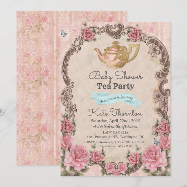 Vintage Floral Tea Baby Shower Invitation (Front/Back)