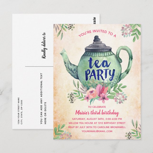 Vintage Floral Tea Party Birthday Invitation Postcard (Front/Back)