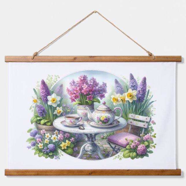 Vintage Floral Tea Party in Garden Hanging Tapestry (Front)