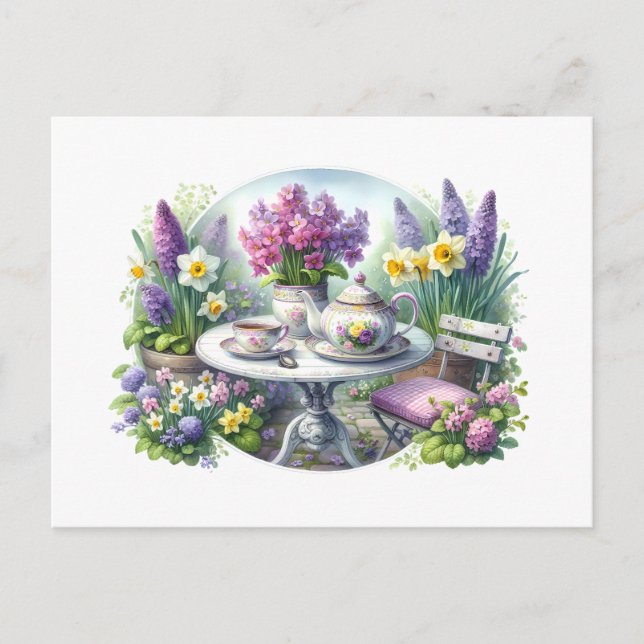 Vintage Floral Tea Party in Garden Postcard (Front)