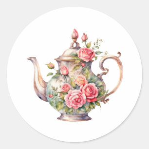 Vintage Floral Teapot with Roses  Classic Round Sticker