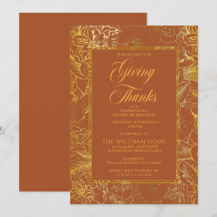 Vintage Floral Terracotta Gold Thanksgiving Invitation