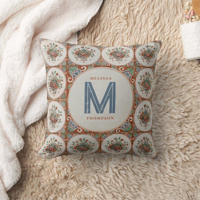Vintage Floral Terracotta Tiles Monogram  Cushion (Blanket)