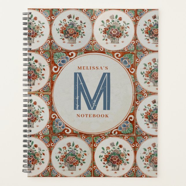 Vintage Floral Terracotta Tiles Monogram  Planner (Front)
