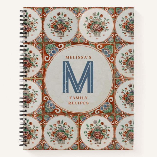 Vintage Floral Terracotta Tiles Monogram Recipe Notebook (Front)