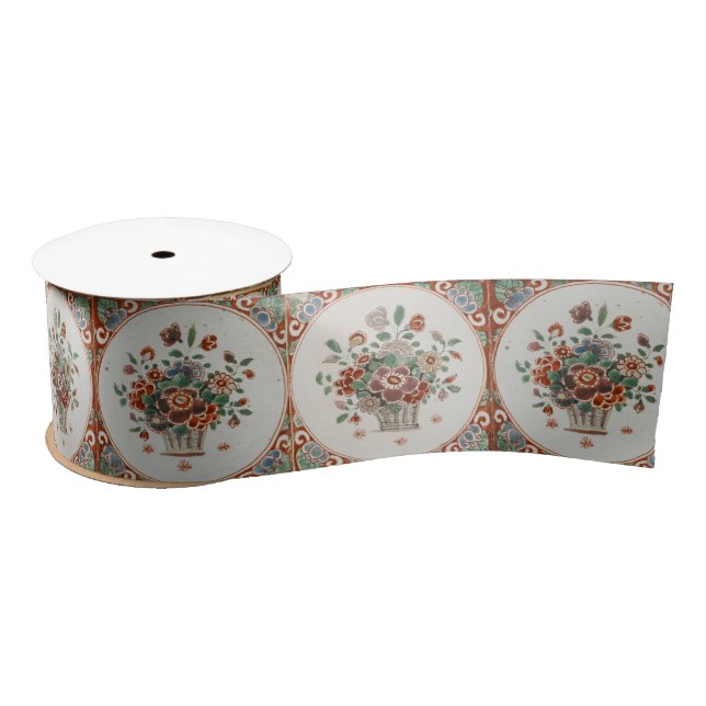 Vintage Floral Terracotta Tiles Pattern Satin Ribbon (Spool)
