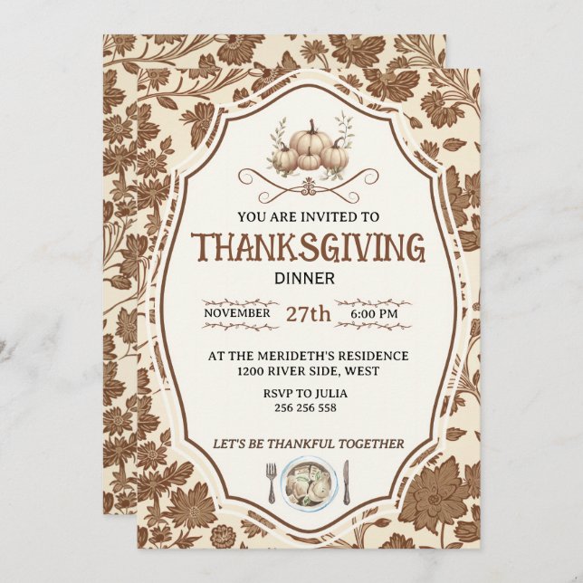 Vintage Floral Thanksgiving Invitation (Front/Back)
