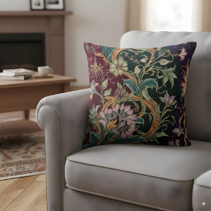 Vintage Floral Throw Pillow Purple Green Gold