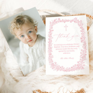 Vintage Floral Toile Baptism Girl Thank You Card
