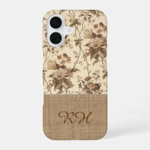 Vintage Floral Toile Burlap Monogram Phone Case