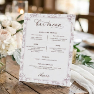 Vintage Floral Toile Dusty Rose Bar Menu Wedding Pedestal Sign