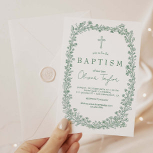 Vintage Floral Toile Green Baptism Invitation