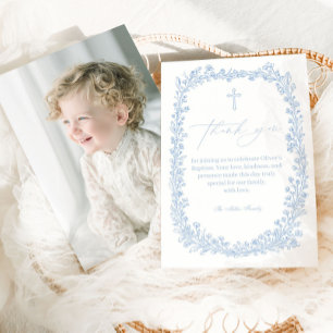 Vintage Floral Toile Light Blue Baptism Thank You Card