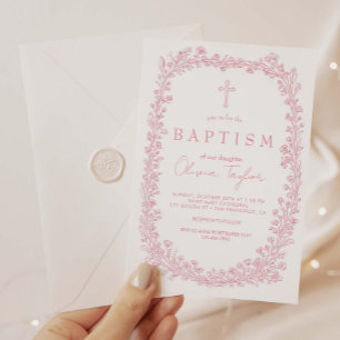 Vintage Floral Toile Pink Baptism Invitation