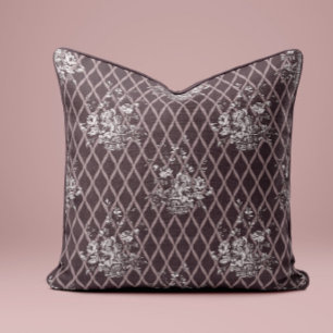 Vintage Floral Toile Throw Pillow in Charcoal Taup