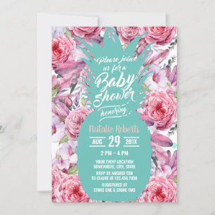 Vintage Floral Tropical Teal Pineapple Baby Shower Invitation