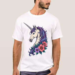 Vintage Floral Unicorn Portrait Psychedelic Fantas T-Shirt